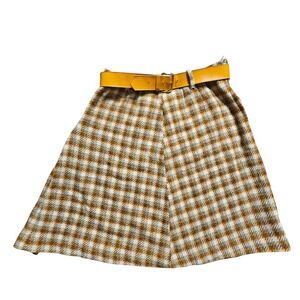 Vintage Plaid Belted A-Line Mini Skirt Womens 28 Tweed Retro Mod 60s 70s Yellow